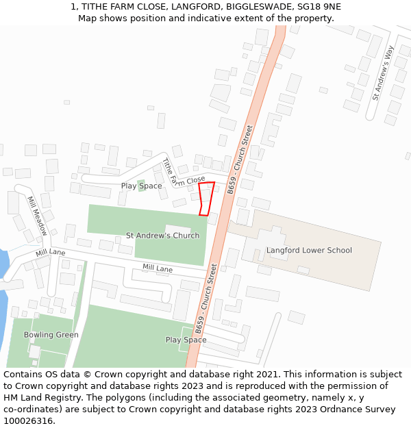 1, TITHE FARM CLOSE, LANGFORD, BIGGLESWADE, SG18 9NE: Location map and indicative extent of plot