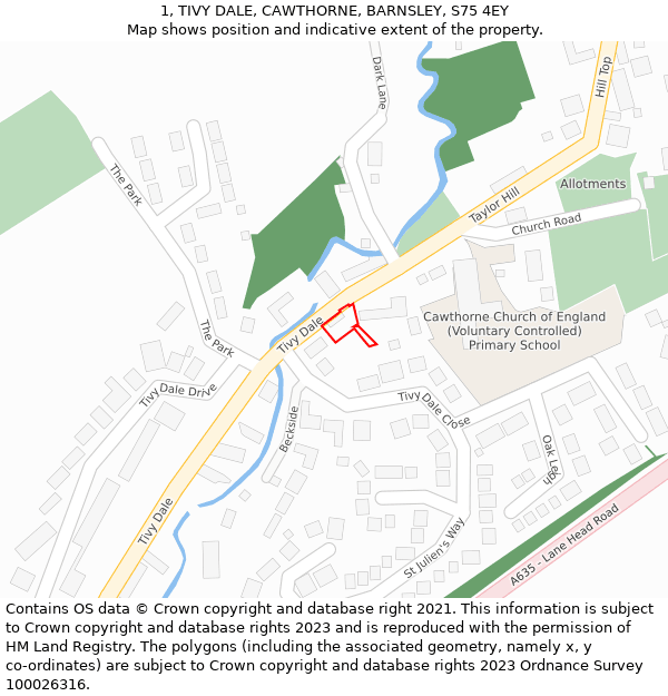 1, TIVY DALE, CAWTHORNE, BARNSLEY, S75 4EY: Location map and indicative extent of plot