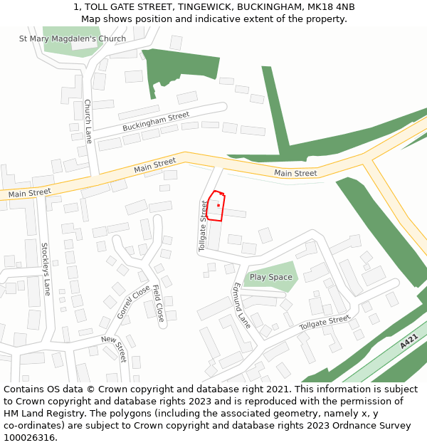 1, TOLL GATE STREET, TINGEWICK, BUCKINGHAM, MK18 4NB: Location map and indicative extent of plot