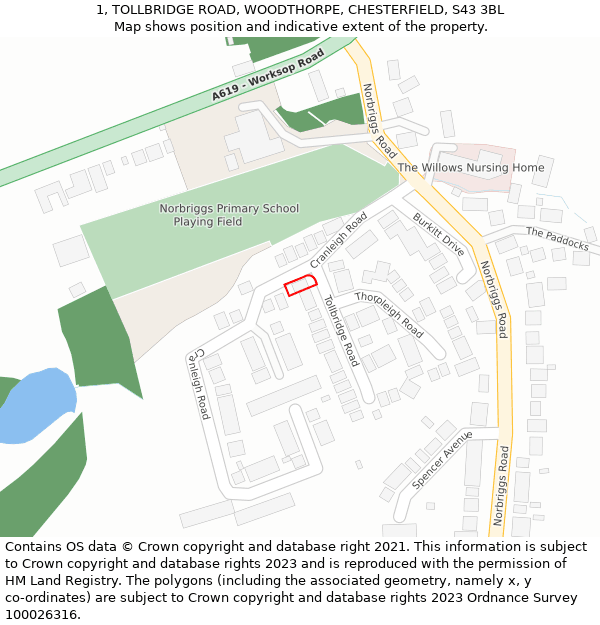 1, TOLLBRIDGE ROAD, WOODTHORPE, CHESTERFIELD, S43 3BL: Location map and indicative extent of plot