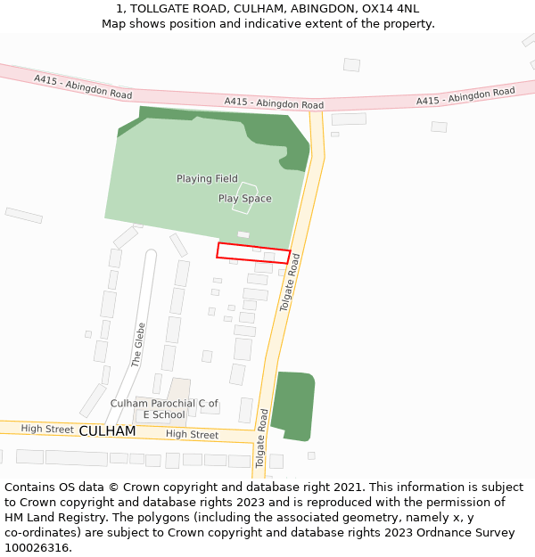 1, TOLLGATE ROAD, CULHAM, ABINGDON, OX14 4NL: Location map and indicative extent of plot