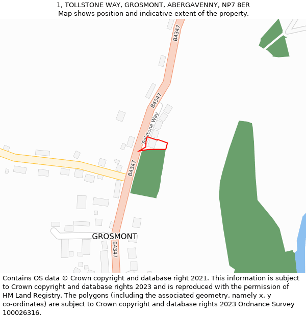 1, TOLLSTONE WAY, GROSMONT, ABERGAVENNY, NP7 8ER: Location map and indicative extent of plot