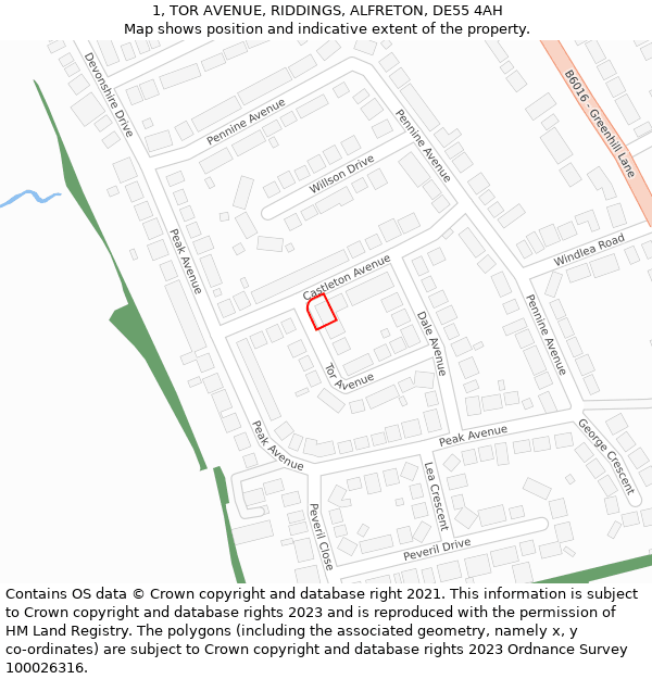 1, TOR AVENUE, RIDDINGS, ALFRETON, DE55 4AH: Location map and indicative extent of plot