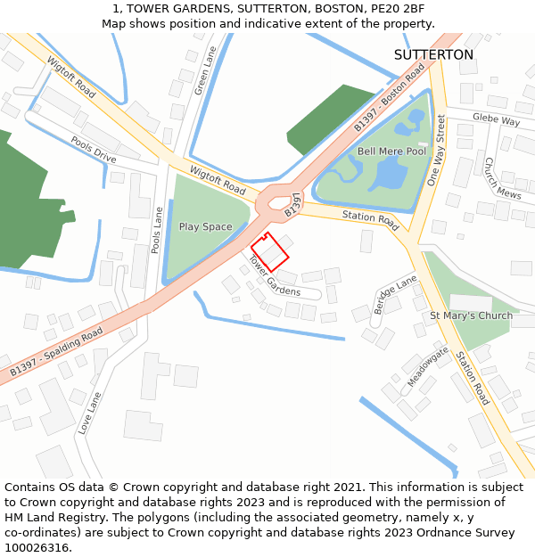 1, TOWER GARDENS, SUTTERTON, BOSTON, PE20 2BF: Location map and indicative extent of plot