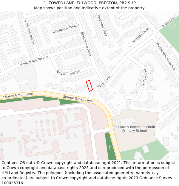 1, TOWER LANE, FULWOOD, PRESTON, PR2 9HP: Location map and indicative extent of plot