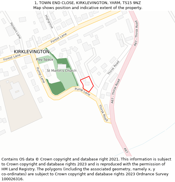 1, TOWN END CLOSE, KIRKLEVINGTON, YARM, TS15 9NZ: Location map and indicative extent of plot