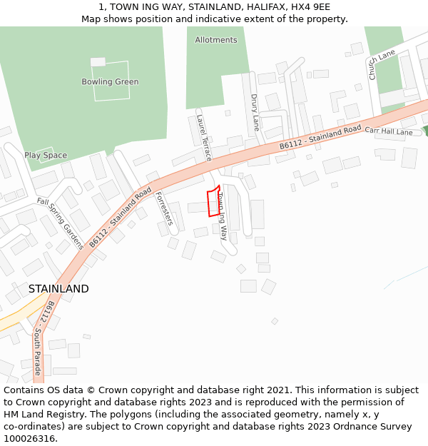 1, TOWN ING WAY, STAINLAND, HALIFAX, HX4 9EE: Location map and indicative extent of plot