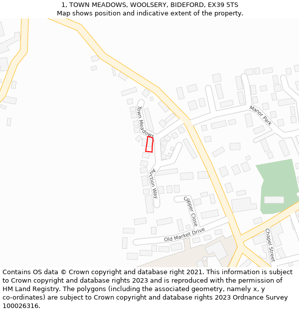 1, TOWN MEADOWS, WOOLSERY, BIDEFORD, EX39 5TS: Location map and indicative extent of plot