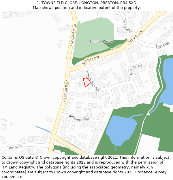 1, TOWNFIELD CLOSE, LONGTON, PRESTON, PR4 5XD: Location map and indicative extent of plot
