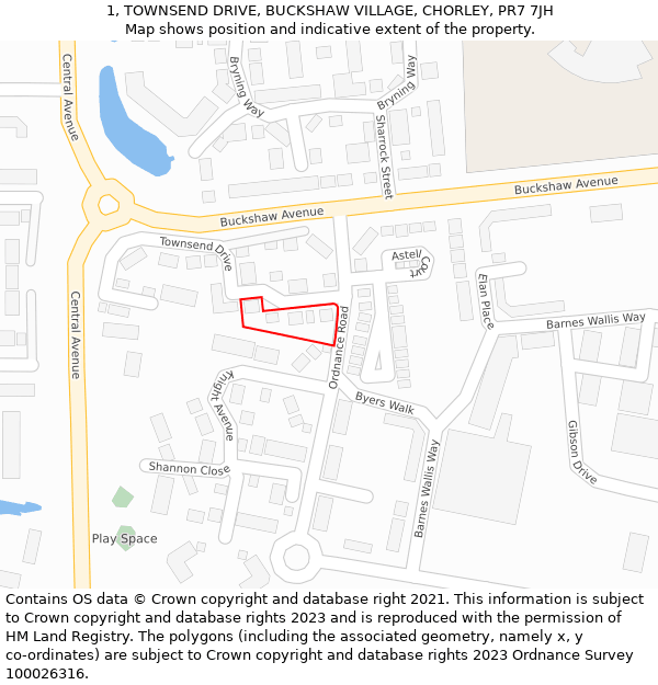 1, TOWNSEND DRIVE, BUCKSHAW VILLAGE, CHORLEY, PR7 7JH: Location map and indicative extent of plot