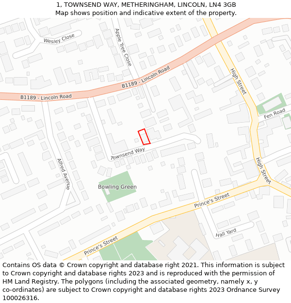 1, TOWNSEND WAY, METHERINGHAM, LINCOLN, LN4 3GB: Location map and indicative extent of plot