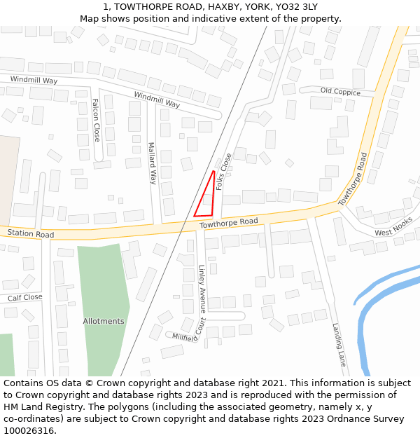 1, TOWTHORPE ROAD, HAXBY, YORK, YO32 3LY: Location map and indicative extent of plot