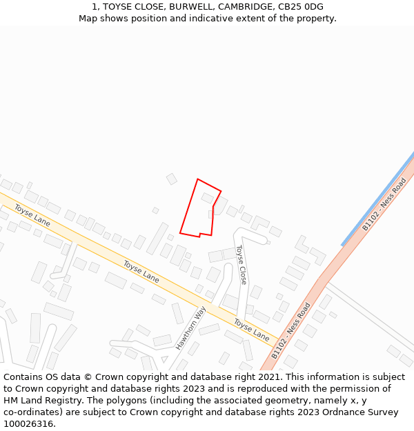 1, TOYSE CLOSE, BURWELL, CAMBRIDGE, CB25 0DG: Location map and indicative extent of plot