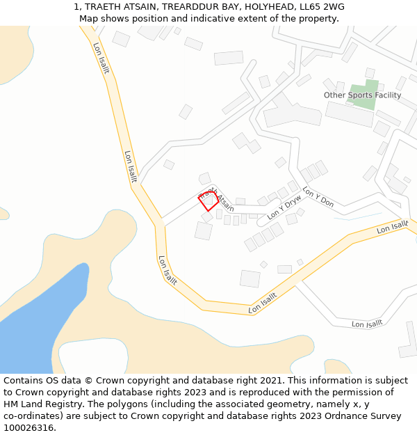 1, TRAETH ATSAIN, TREARDDUR BAY, HOLYHEAD, LL65 2WG: Location map and indicative extent of plot