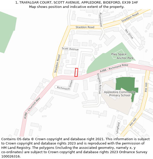 1, TRAFALGAR COURT, SCOTT AVENUE, APPLEDORE, BIDEFORD, EX39 1HF: Location map and indicative extent of plot