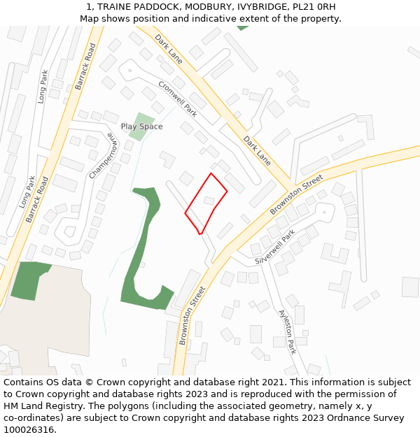 1, TRAINE PADDOCK, MODBURY, IVYBRIDGE, PL21 0RH: Location map and indicative extent of plot