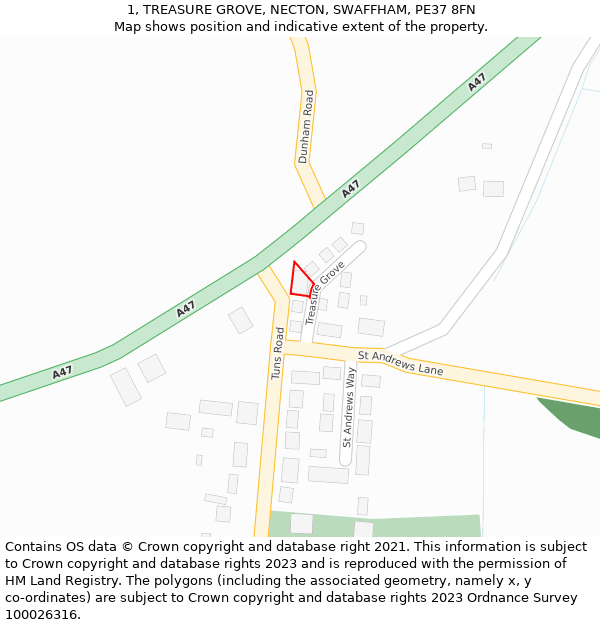 1, TREASURE GROVE, NECTON, SWAFFHAM, PE37 8FN: Location map and indicative extent of plot