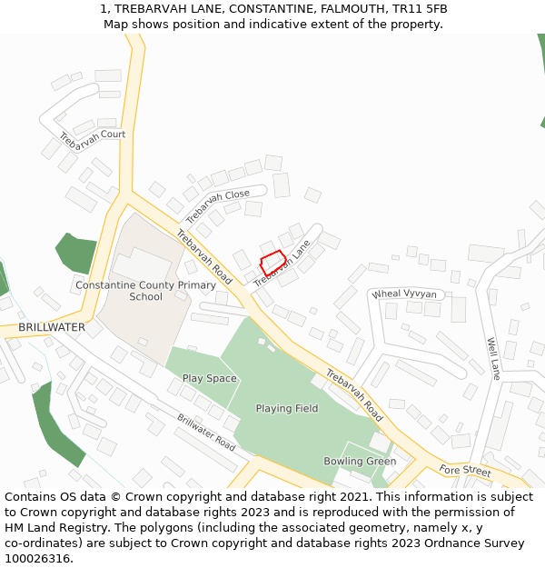 1, TREBARVAH LANE, CONSTANTINE, FALMOUTH, TR11 5FB: Location map and indicative extent of plot