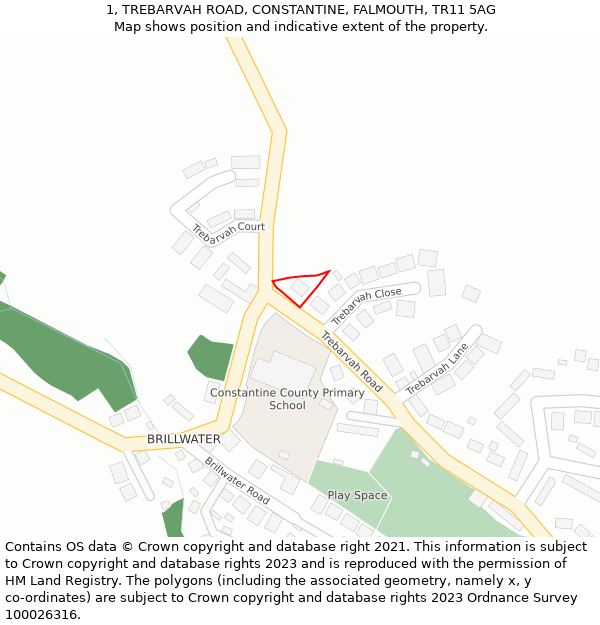 1, TREBARVAH ROAD, CONSTANTINE, FALMOUTH, TR11 5AG: Location map and indicative extent of plot