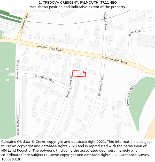 1, TREDOVA CRESCENT, FALMOUTH, TR11 4EQ: Location map and indicative extent of plot