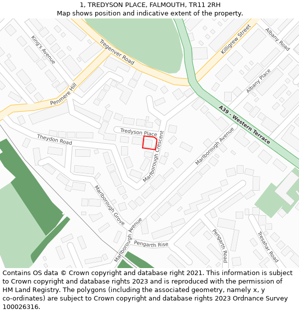 1, TREDYSON PLACE, FALMOUTH, TR11 2RH: Location map and indicative extent of plot