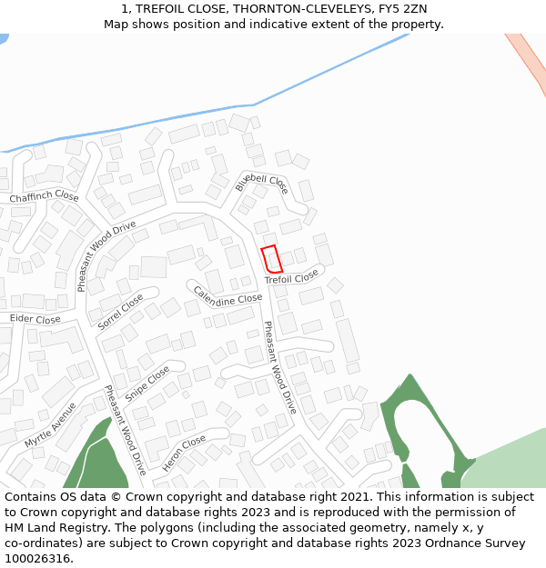 1, TREFOIL CLOSE, THORNTON-CLEVELEYS, FY5 2ZN: Location map and indicative extent of plot