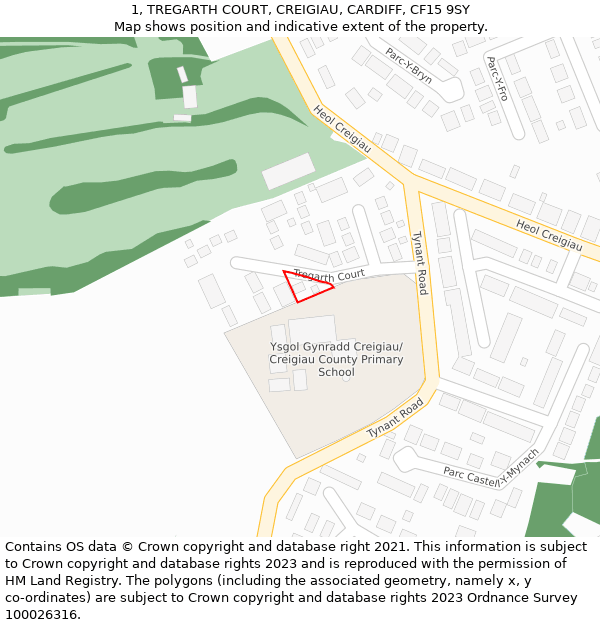 1, TREGARTH COURT, CREIGIAU, CARDIFF, CF15 9SY: Location map and indicative extent of plot