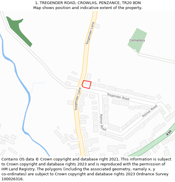 1, TREGENDER ROAD, CROWLAS, PENZANCE, TR20 8DN: Location map and indicative extent of plot