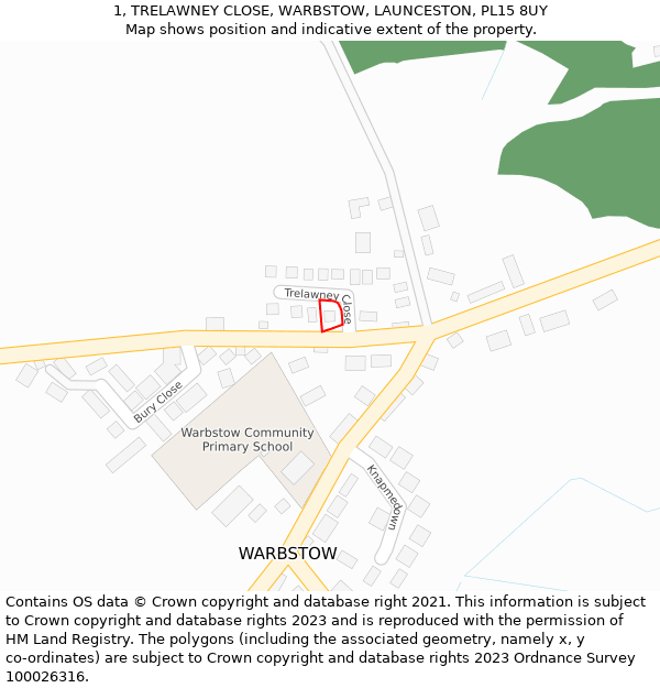 1, TRELAWNEY CLOSE, WARBSTOW, LAUNCESTON, PL15 8UY: Location map and indicative extent of plot