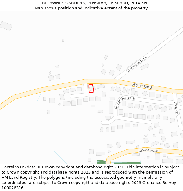 1, TRELAWNEY GARDENS, PENSILVA, LISKEARD, PL14 5PL: Location map and indicative extent of plot