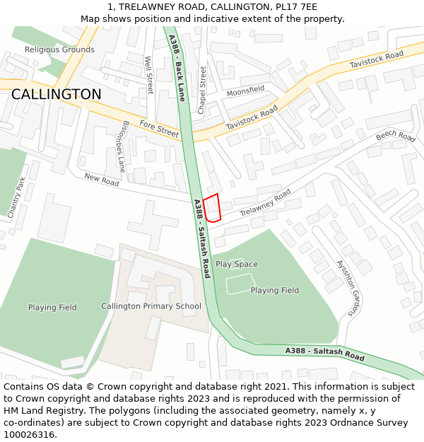 1, TRELAWNEY ROAD, CALLINGTON, PL17 7EE: Location map and indicative extent of plot