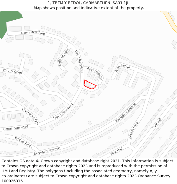 1, TREM Y BEDOL, CARMARTHEN, SA31 1JL: Location map and indicative extent of plot