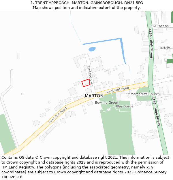 1, TRENT APPROACH, MARTON, GAINSBOROUGH, DN21 5FG: Location map and indicative extent of plot