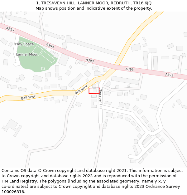 1, TRESAVEAN HILL, LANNER MOOR, REDRUTH, TR16 6JQ: Location map and indicative extent of plot