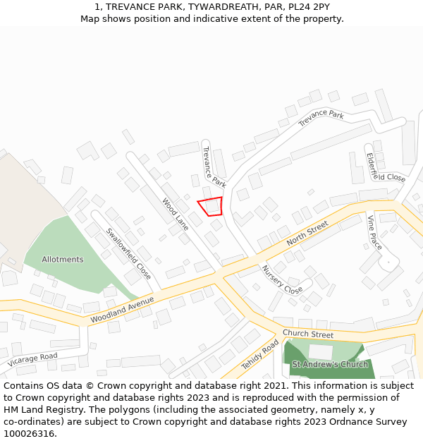 1, TREVANCE PARK, TYWARDREATH, PAR, PL24 2PY: Location map and indicative extent of plot