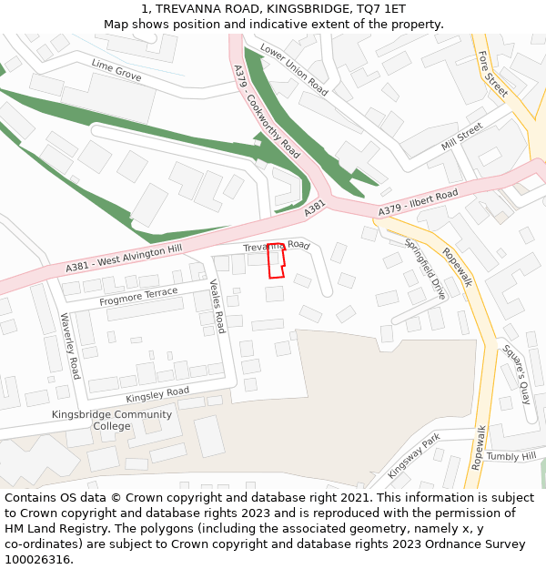 1, TREVANNA ROAD, KINGSBRIDGE, TQ7 1ET: Location map and indicative extent of plot