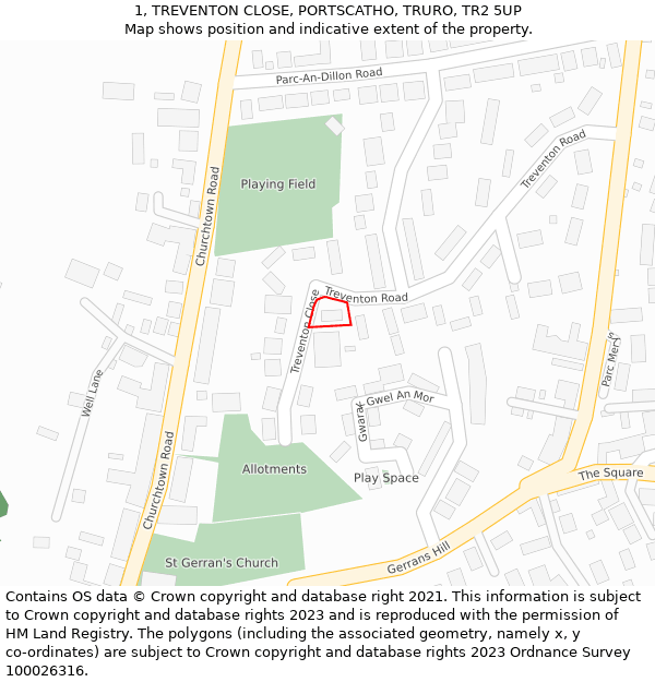 1, TREVENTON CLOSE, PORTSCATHO, TRURO, TR2 5UP: Location map and indicative extent of plot