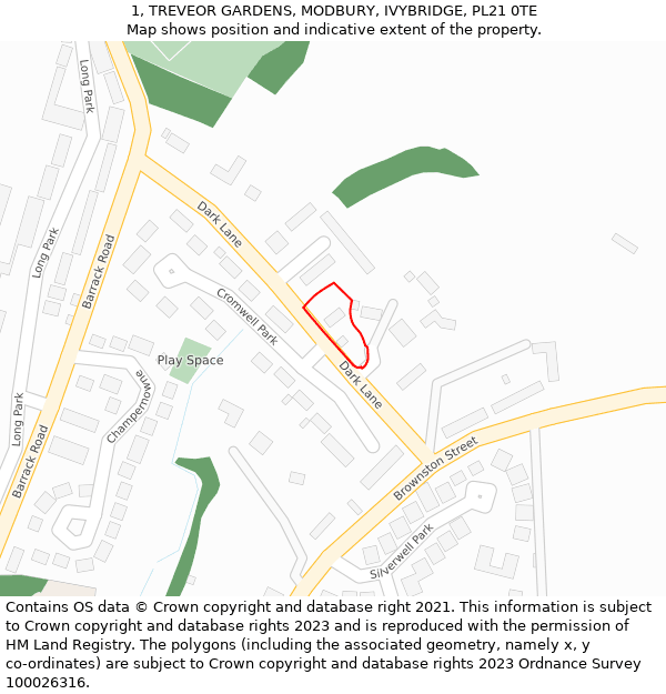 1, TREVEOR GARDENS, MODBURY, IVYBRIDGE, PL21 0TE: Location map and indicative extent of plot