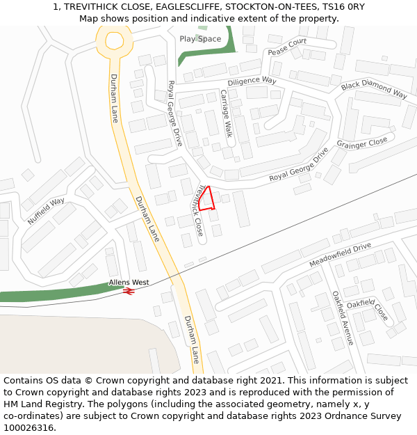 1, TREVITHICK CLOSE, EAGLESCLIFFE, STOCKTON-ON-TEES, TS16 0RY: Location map and indicative extent of plot