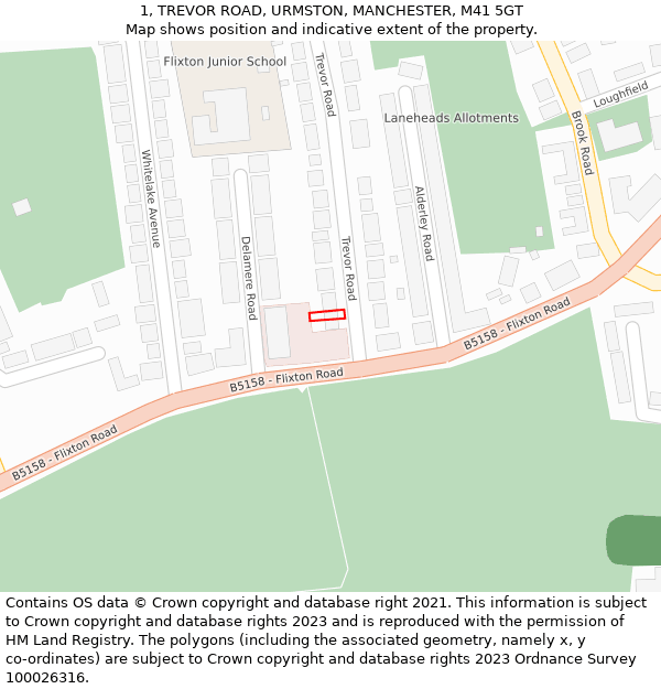 1, TREVOR ROAD, URMSTON, MANCHESTER, M41 5GT: Location map and indicative extent of plot