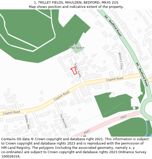 1, TRILLEY FIELDS, MAULDEN, BEDFORD, MK45 2US: Location map and indicative extent of plot