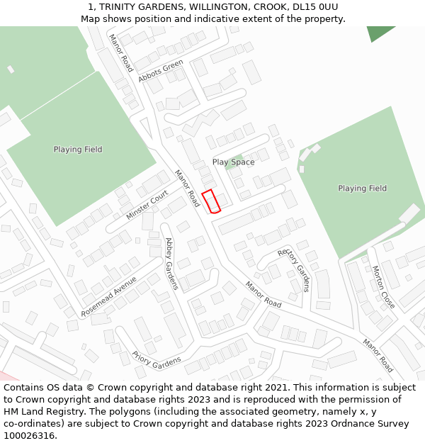 1, TRINITY GARDENS, WILLINGTON, CROOK, DL15 0UU: Location map and indicative extent of plot