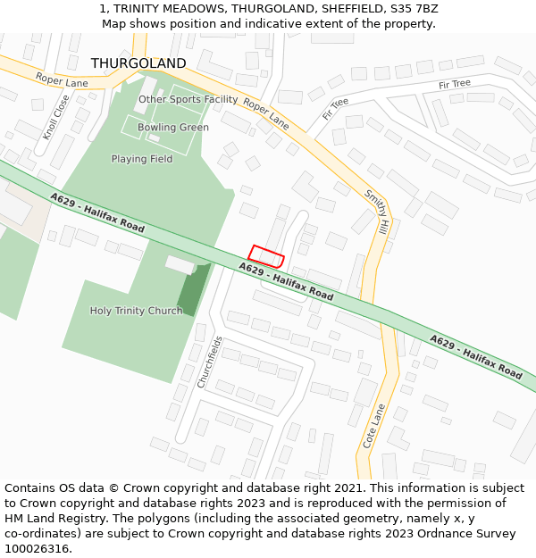 1, TRINITY MEADOWS, THURGOLAND, SHEFFIELD, S35 7BZ: Location map and indicative extent of plot
