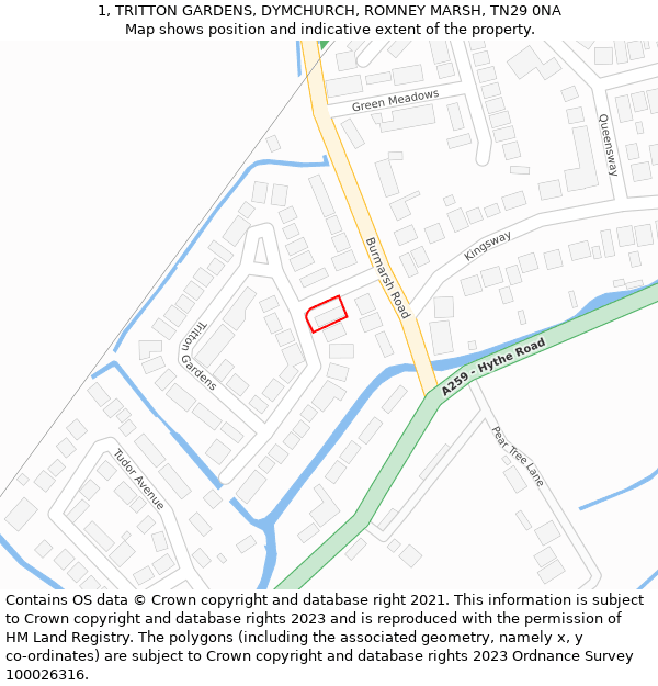 1, TRITTON GARDENS, DYMCHURCH, ROMNEY MARSH, TN29 0NA: Location map and indicative extent of plot