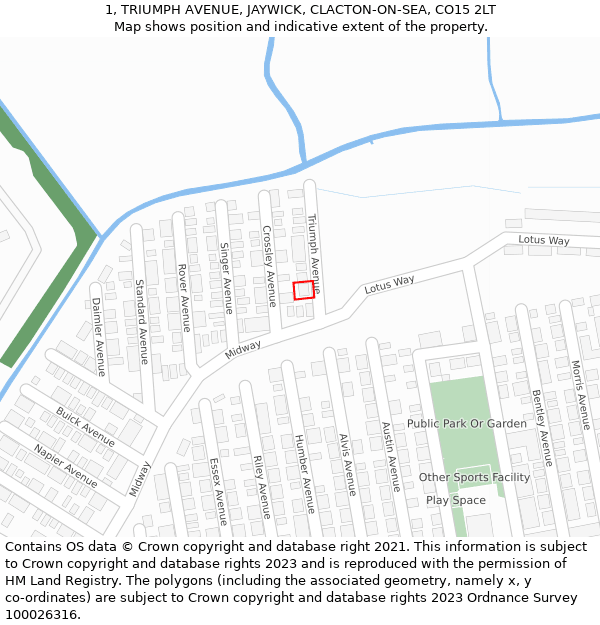 1, TRIUMPH AVENUE, JAYWICK, CLACTON-ON-SEA, CO15 2LT: Location map and indicative extent of plot