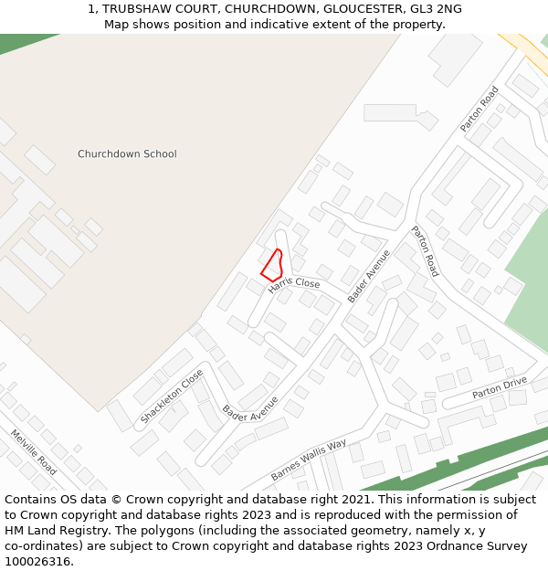 1, TRUBSHAW COURT, CHURCHDOWN, GLOUCESTER, GL3 2NG: Location map and indicative extent of plot