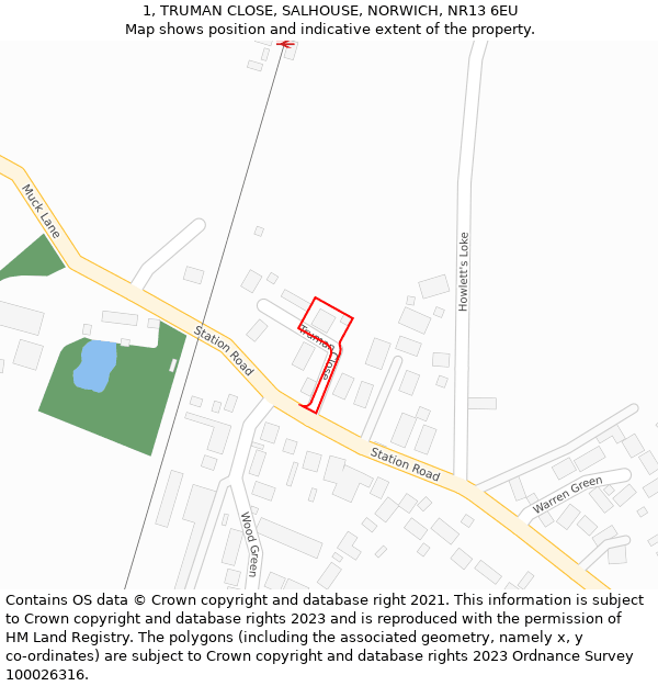 1, TRUMAN CLOSE, SALHOUSE, NORWICH, NR13 6EU: Location map and indicative extent of plot