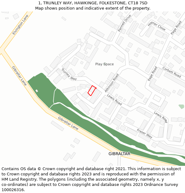 1, TRUNLEY WAY, HAWKINGE, FOLKESTONE, CT18 7SD: Location map and indicative extent of plot