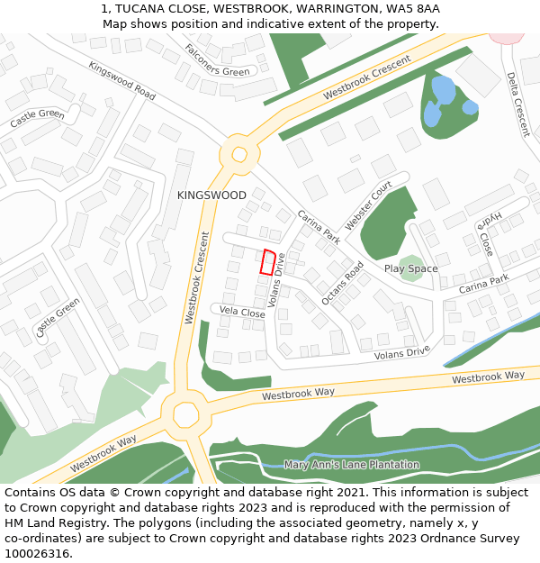 1, TUCANA CLOSE, WESTBROOK, WARRINGTON, WA5 8AA: Location map and indicative extent of plot