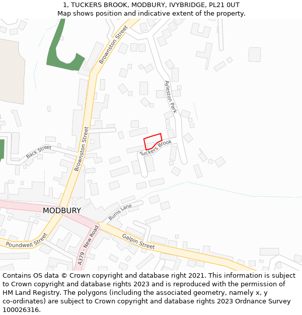 1, TUCKERS BROOK, MODBURY, IVYBRIDGE, PL21 0UT: Location map and indicative extent of plot